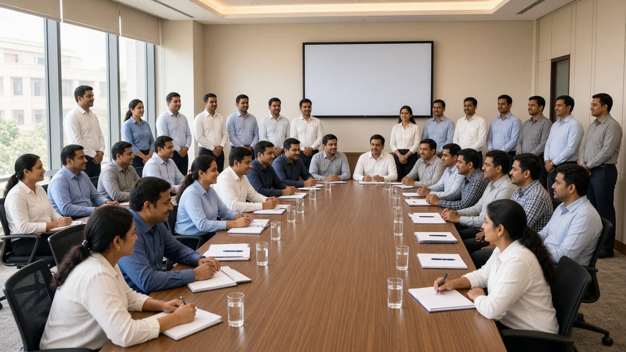 Thirty employees in the company meeting room